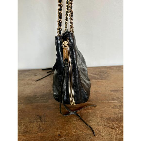 Y2K Rebecca Minkoff Black Leather Shoulder Bag with Gold Chain and Zipper Detail - Picture 8 of 13